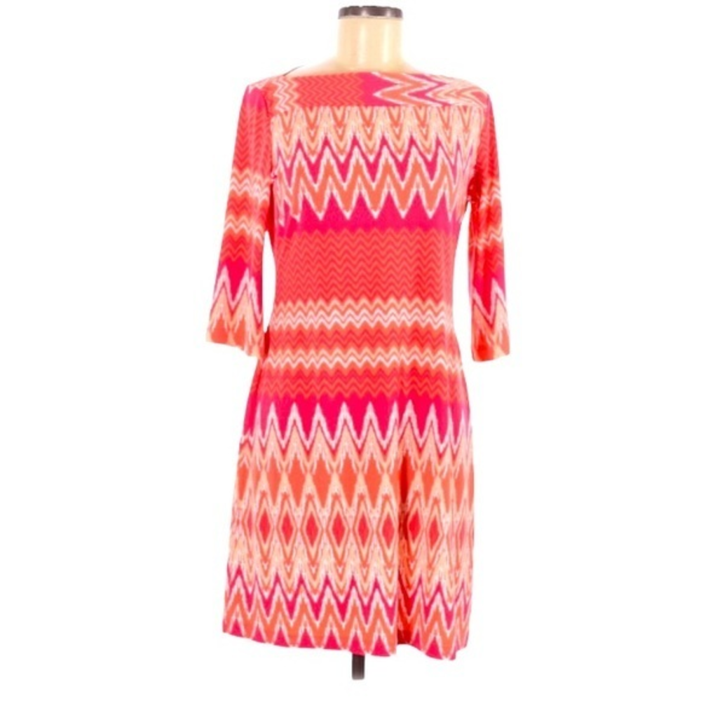 Donna Morgan 8 pink/orange chevron boatneck 3/4 sleeve stretch fit & flare dress